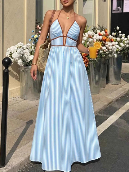 Striped Halter Neck Maxi Dress