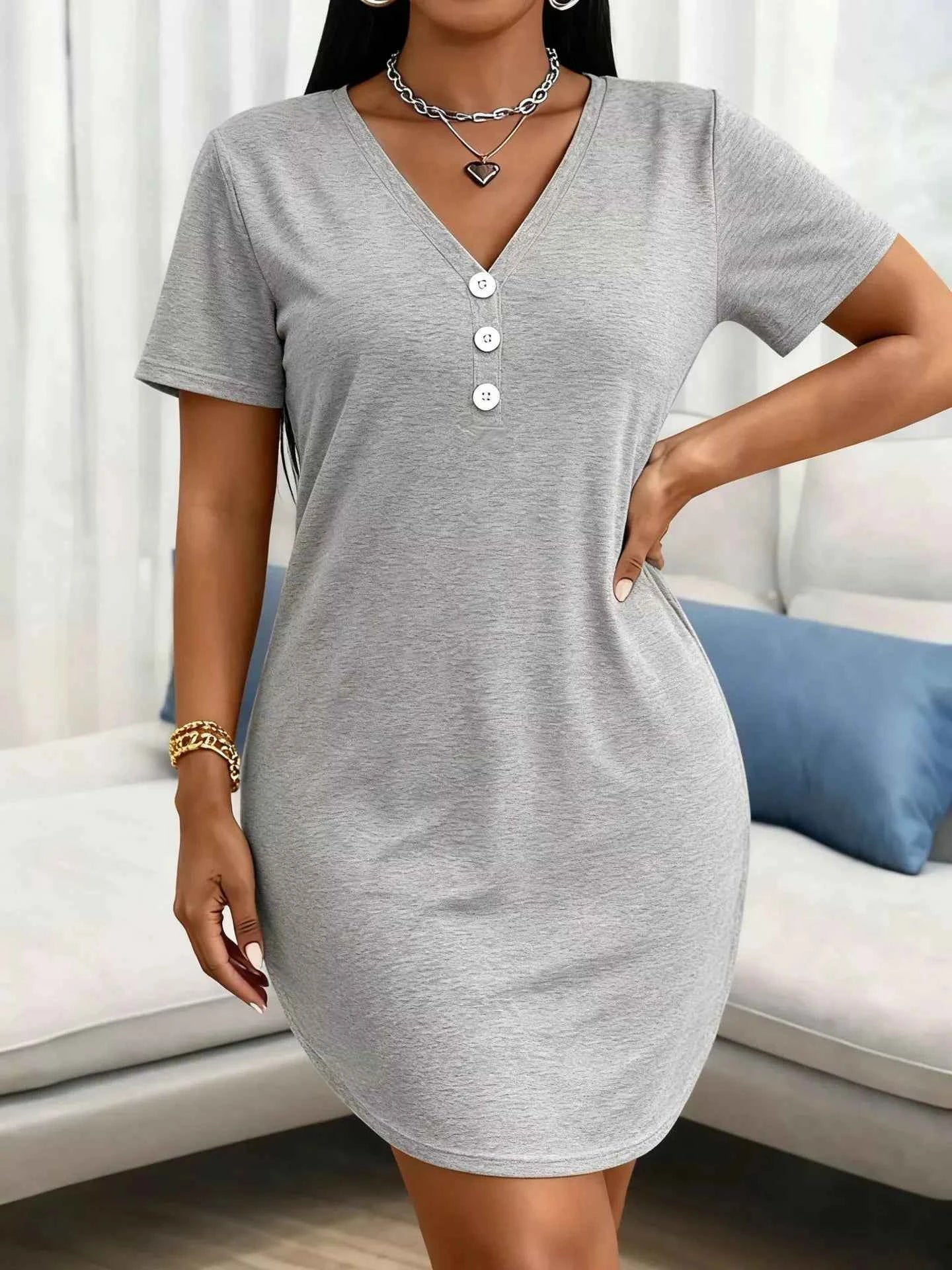Plus Size V-Neck Button Detail Casual T-Shirt Dress