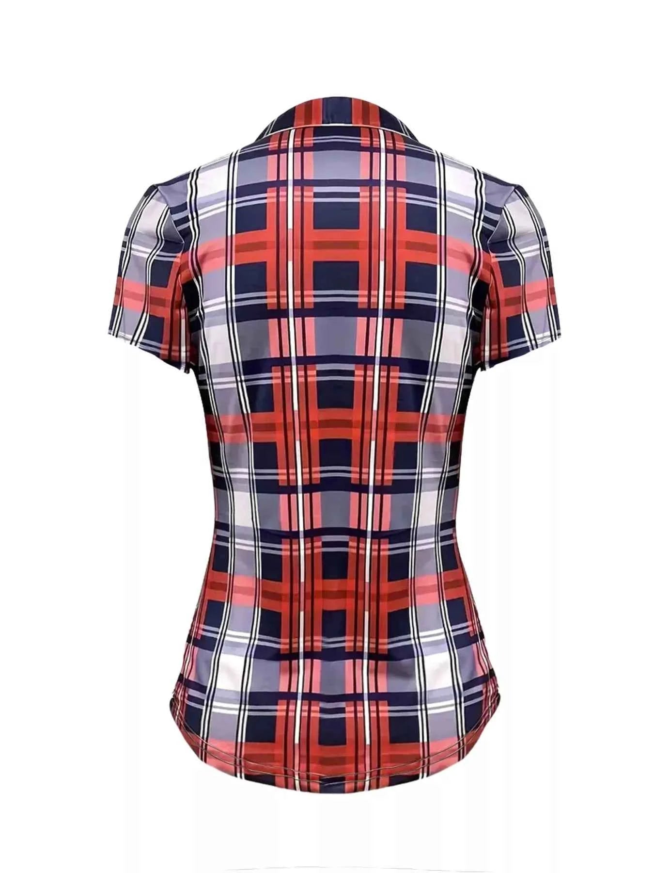 Plaid Lace-Up Short Sleeve Blouse