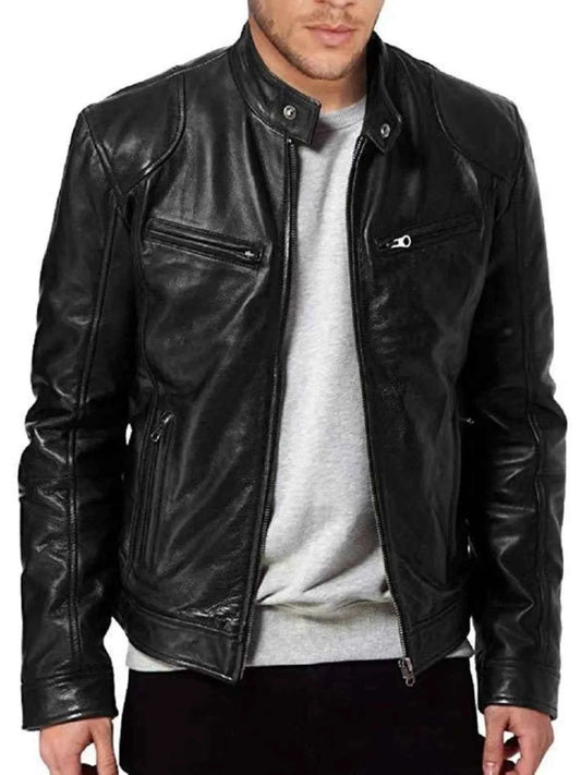 Men's Full Size Leather Biker Jacket with Zipper Pockets Plus Size