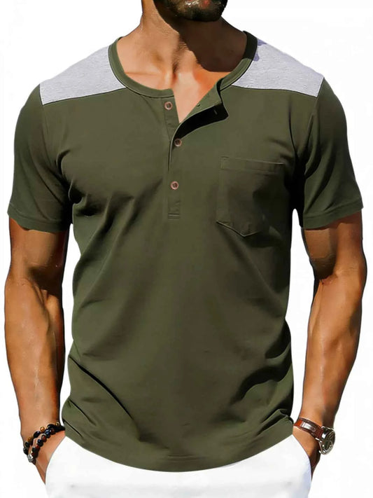 Men's Full Size Casual Henley T-Shirt with Pocket Plus Size