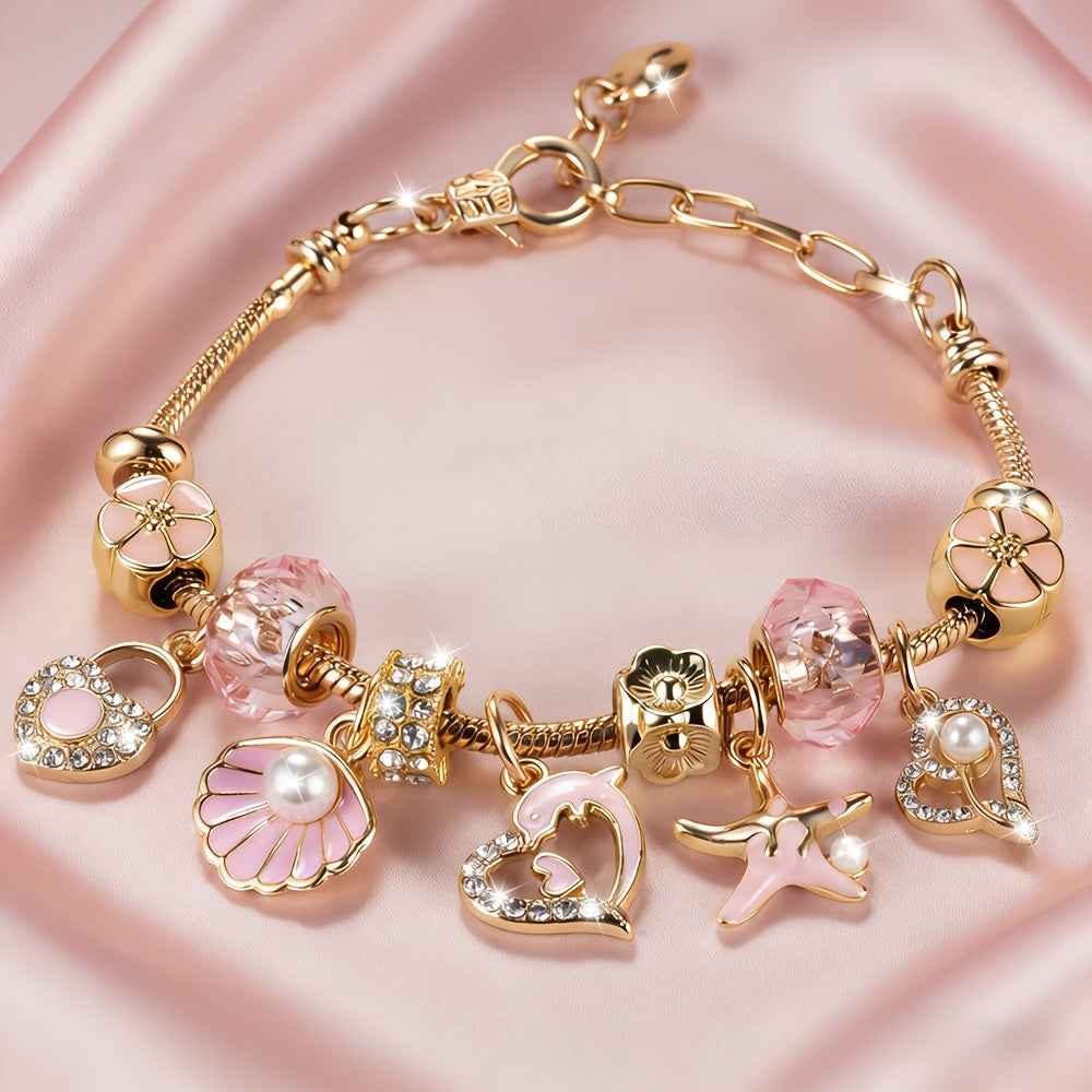 Pink Heart-shaped Stainless Steel Adjustable Women's Bracelet with Dolphin, Seashell, Starfish, and Heart Pendants, Adorned with Flowers and Pink Cadmium Beads
