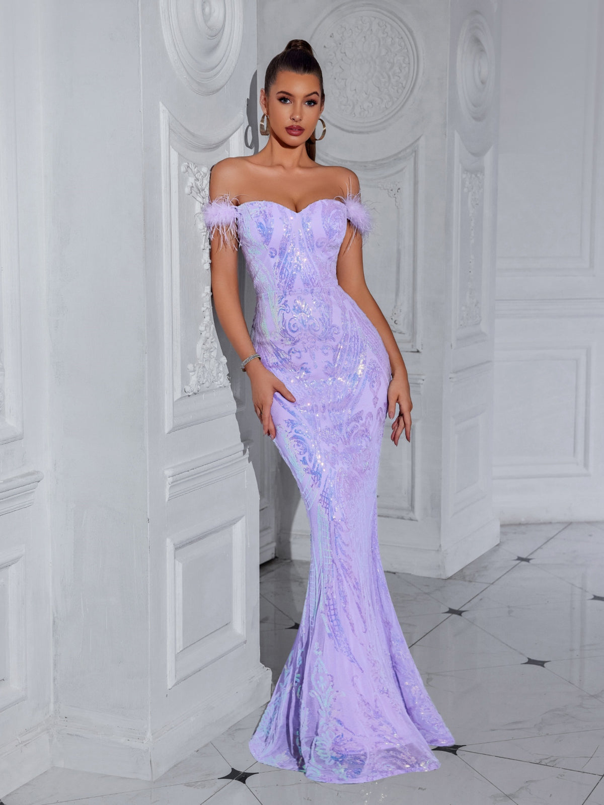 Sweetheart Sequin Gown with Trimmed Sleeves