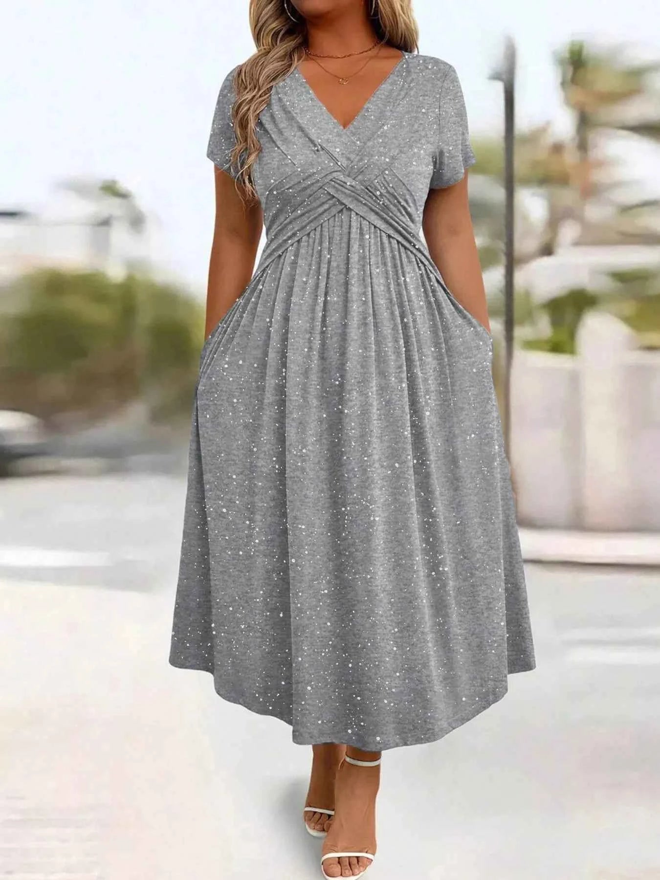 Full Size Glitter Flutter Sleeve Midi Dress Plus Size