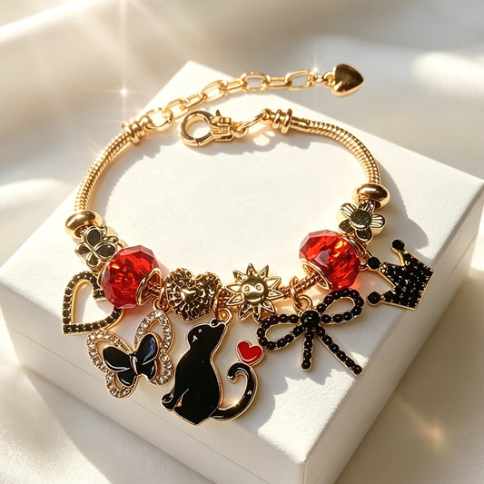 Women’s Black Beaded Snake Chain Charm Bracelet