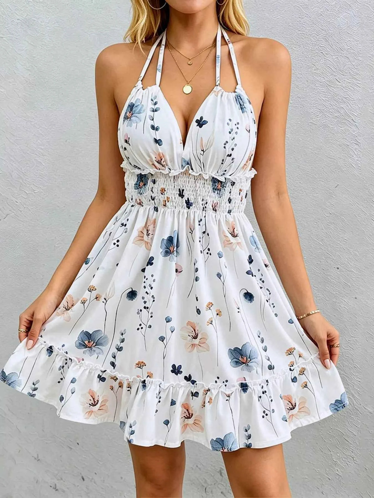 Floral Print Halter Neck Mini Dress