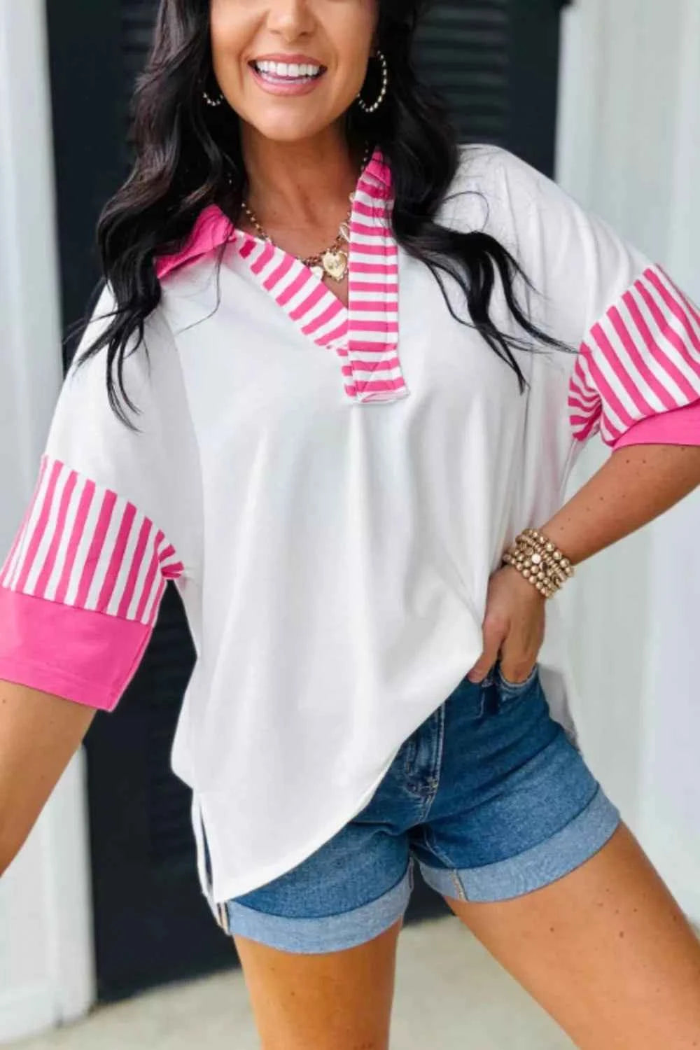 Striped Color Block Patchwork Polo Collar Half Sleeve T Shirt