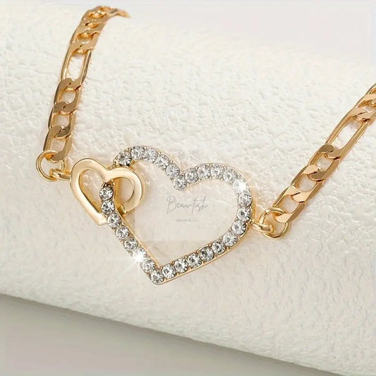 Double Heart Rhinestone Choker Necklace - Golden-Tone Interconnected Hearts with Sparkling Crystals - Beau-tish Beau-tish