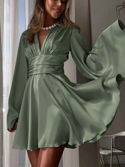 V-Neck Satin Mini Dress with Flowy Sleeves