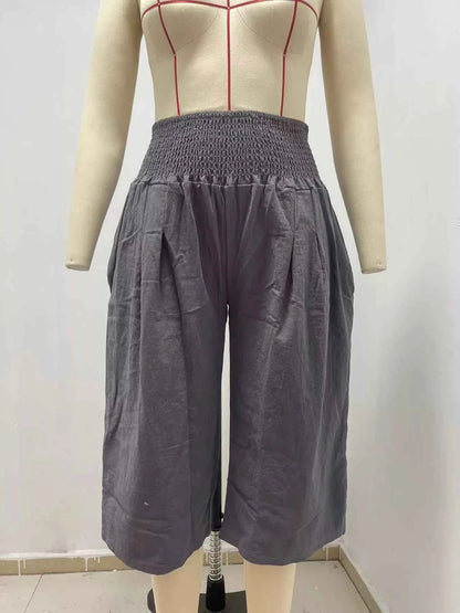 Smocked Wide-Leg Capri Pants