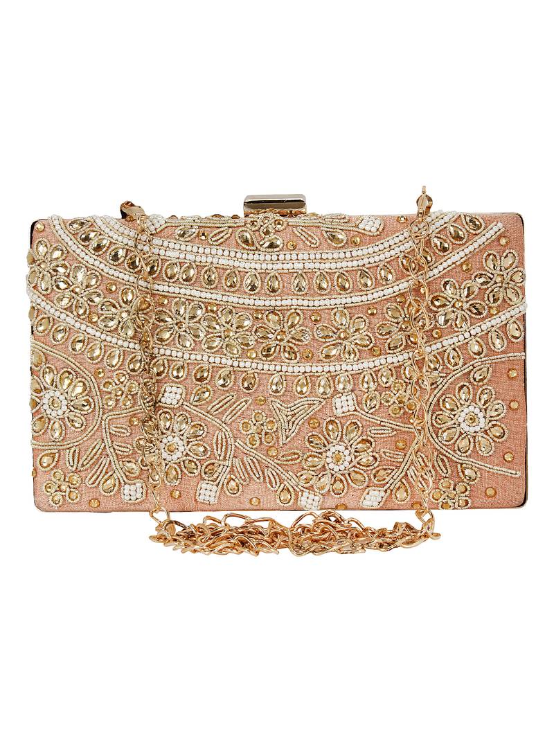 Ethnique Beaded Embroidered Clutch Peach Gold