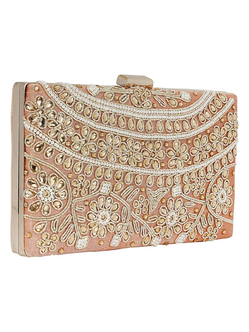 Ethnique Beaded Embroidered Clutch Peach Gold