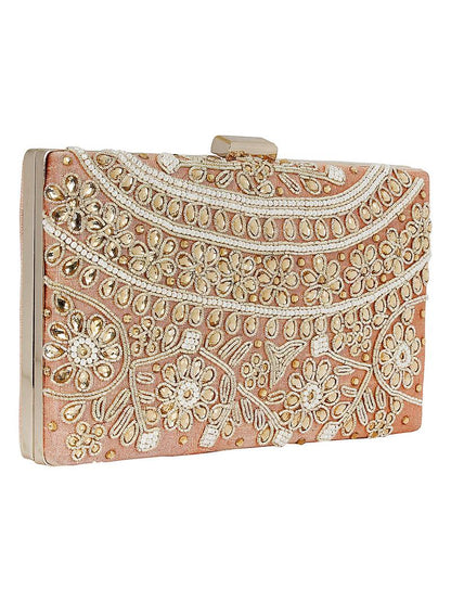 Ethnique Beaded Embroidered Clutch Peach Gold