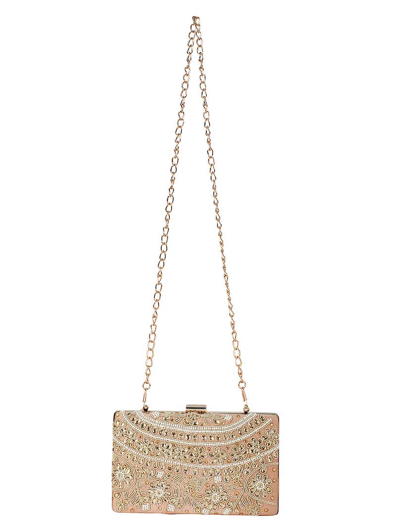 Ethnique Beaded Embroidered Clutch Peach Gold