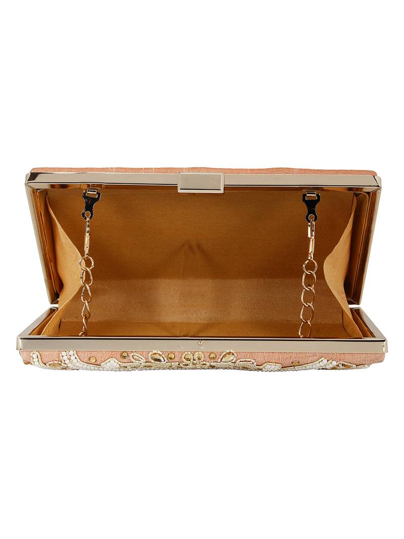 Ethnique Beaded Embroidered Clutch Peach Gold