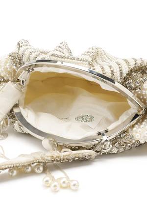 Pearl White and Silver Pearl Embellished Velvet Clutch