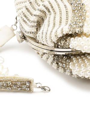 Pearl White and Silver Pearl Embellished Velvet Clutch
