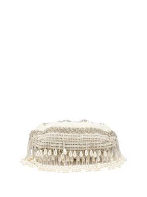 Pearl White and Silver Pearl Embellished Velvet Clutch