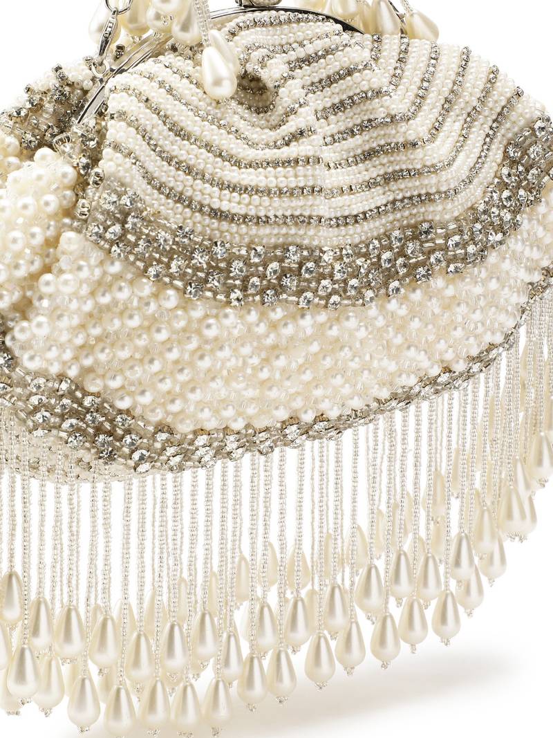 Pearl White and Silver Pearl Embellished Velvet Clutch