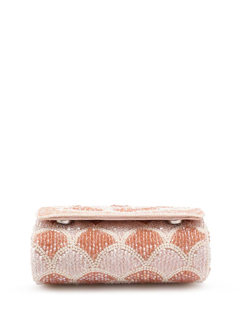 Women's Pink and Pearl White Floral Crystal Beaded Velvet Clutch