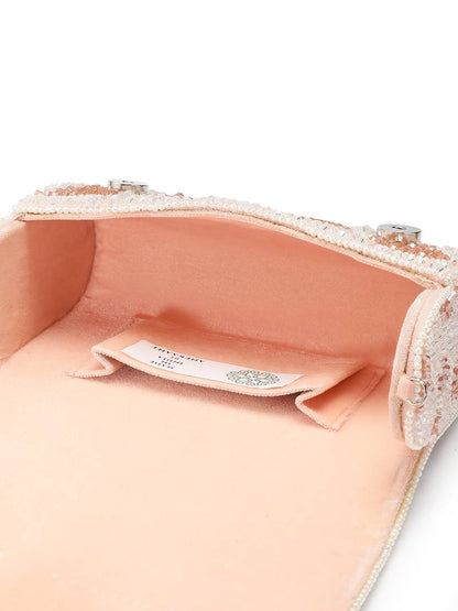 Women's Pink and Pearl White Floral Crystal Beaded Velvet Clutch