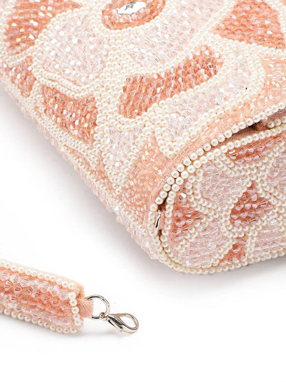 Women's Pink and Pearl White Floral Crystal Beaded Velvet Clutch