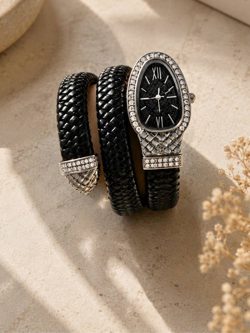 ANKKSHMI Silver Plated AD Studded Faux Leather Wrist Watch Black