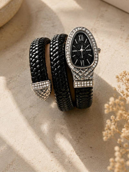 ANKKSHMI Silver Plated AD Studded Faux Leather Wrist Watch Black
