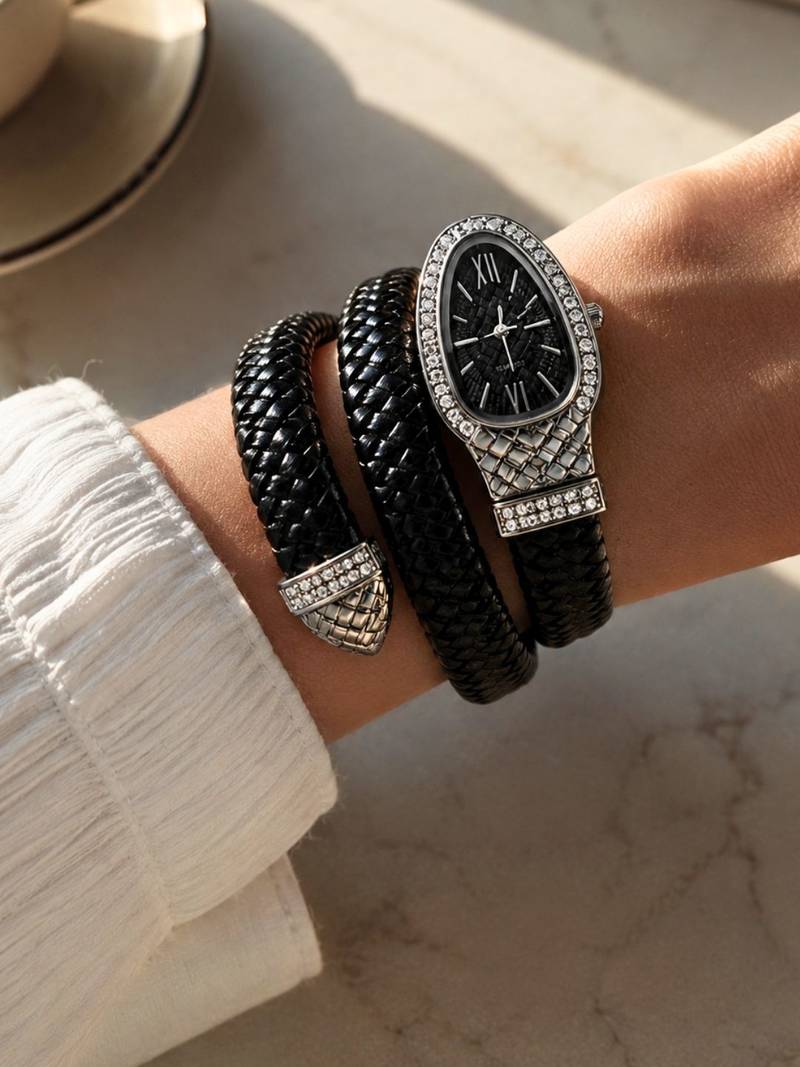 ANKKSHMI Silver Plated AD Studded Faux Leather Wrist Watch Black