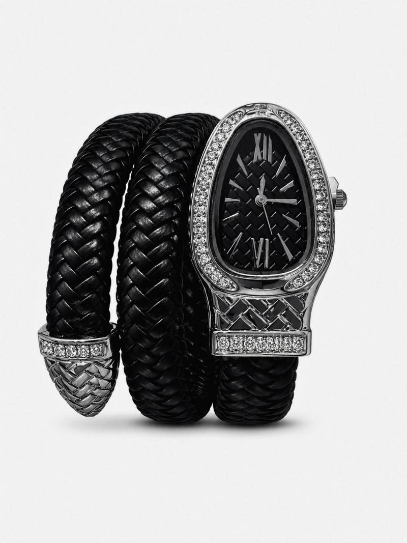 ANKKSHMI Silver Plated AD Studded Faux Leather Wrist Watch Black