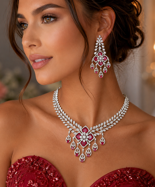 AK Jewellers Ruby Diamond Bridal Jewelry Set Silver CZ Choker Necklace Chandelier Earrings