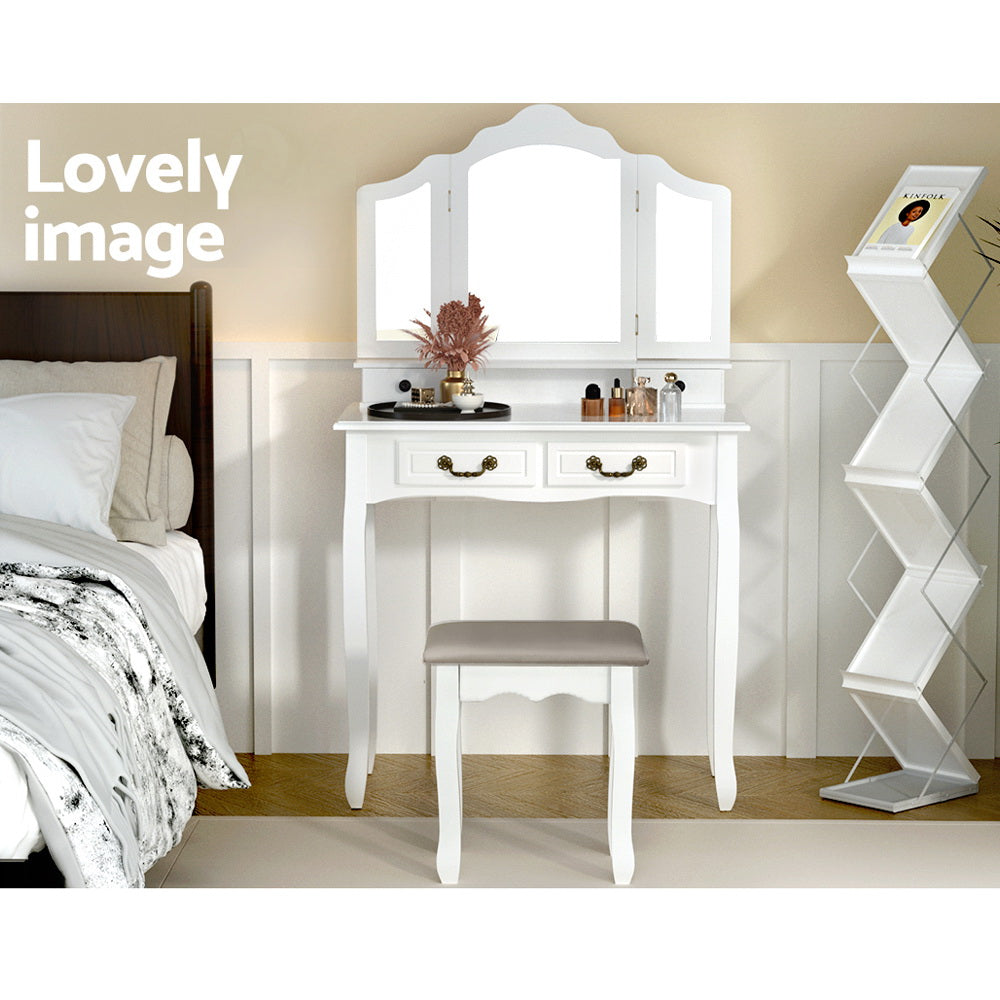 Artiss Dressing Table Stool Set with Foldable Mirror – White