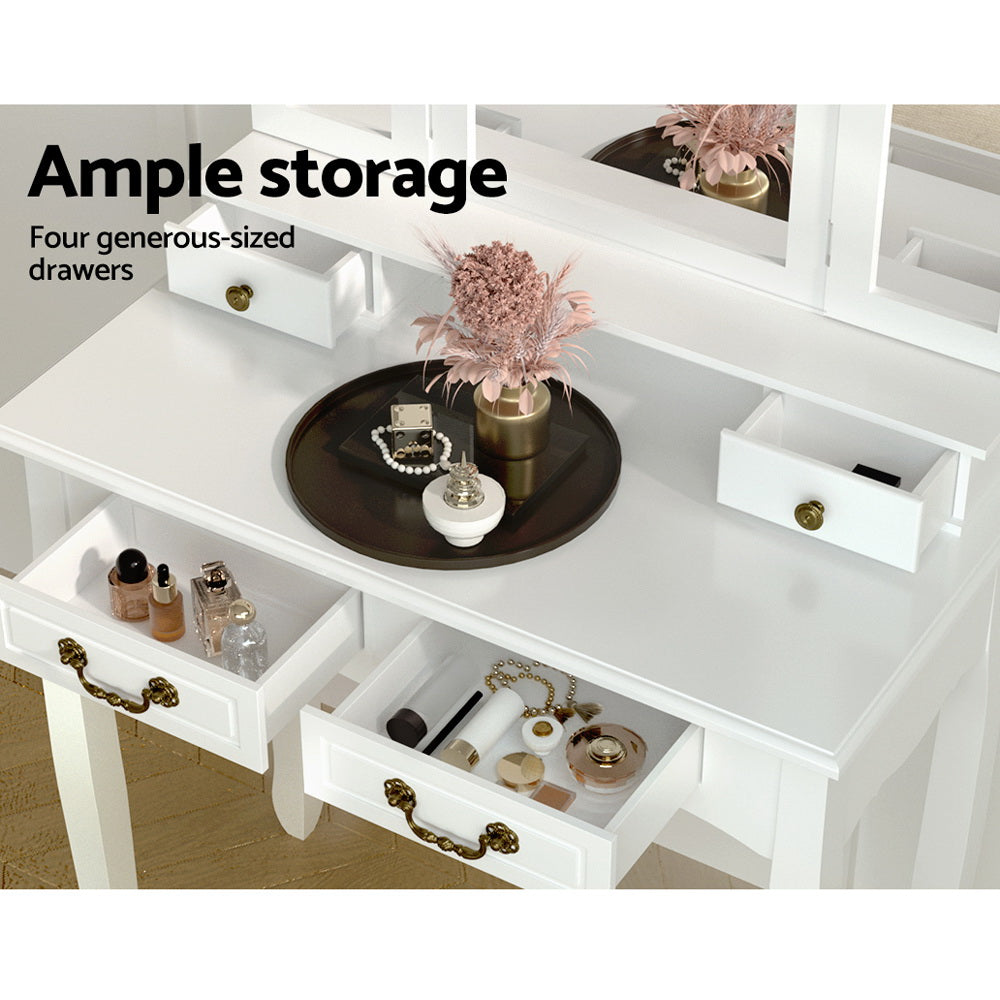 Artiss Dressing Table Stool Set with Foldable Mirror – White