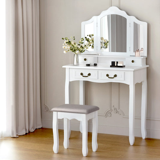 Artiss Dressing Table Stool Set with Foldable Mirror – White