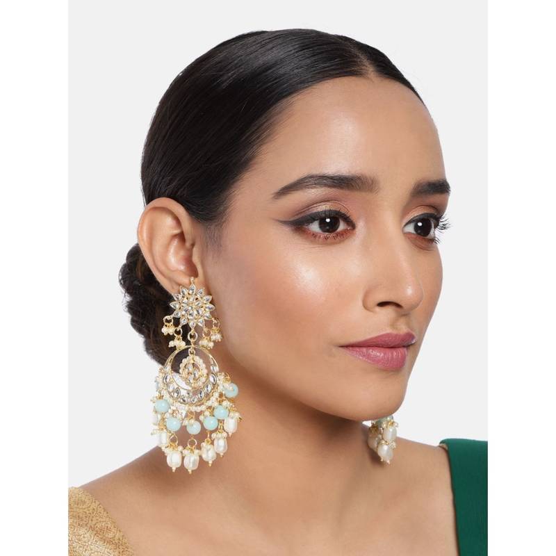 I Jewels Gold Plated Kundan Beaded Chandbali Earrings Turquoise