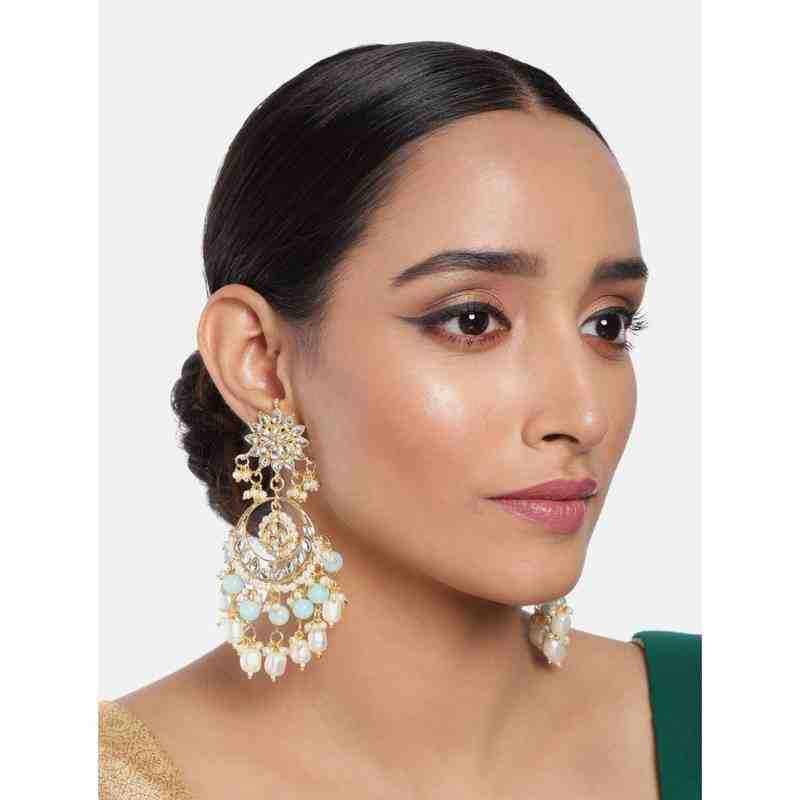 Gold Plated Kundan Beaded Chandbali Earrings Turquoise