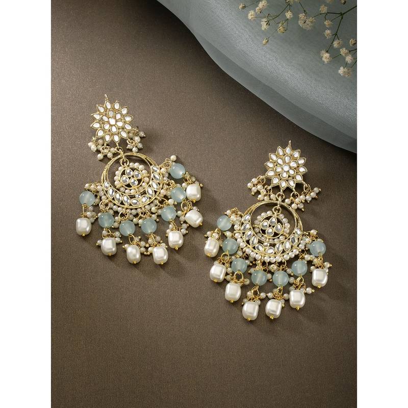 I Jewels Gold Plated Kundan Beaded Chandbali Earrings Turquoise