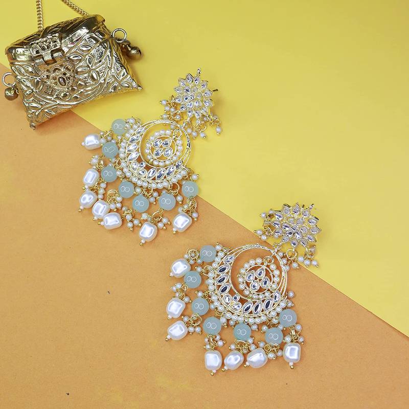 I Jewels Gold Plated Kundan Beaded Chandbali Earrings Turquoise