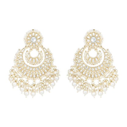 I Jewels Gold Plated Kundan Pearl Chandbali Earrings White