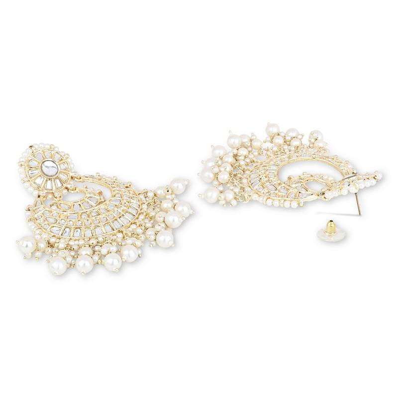 I Jewels Gold Plated Kundan Pearl Chandbali Earrings White