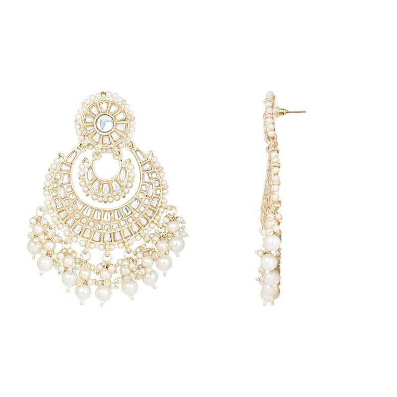 I Jewels Gold Plated Kundan Pearl Chandbali Earrings White