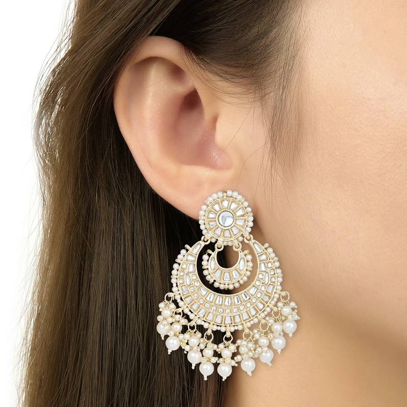 I Jewels Gold Plated Kundan Pearl Chandbali Earrings White