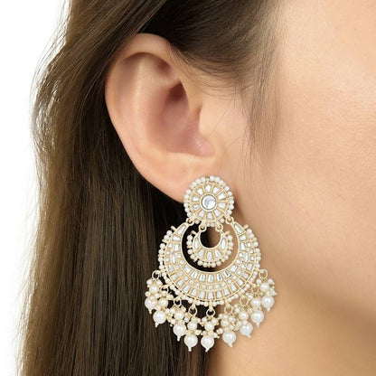 I Jewels Gold Plated Kundan Pearl Chandbali Earrings White