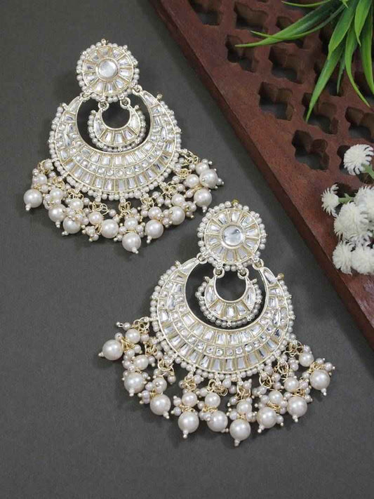 Gold Plated Kundan Pearl Chandbali Earrings White