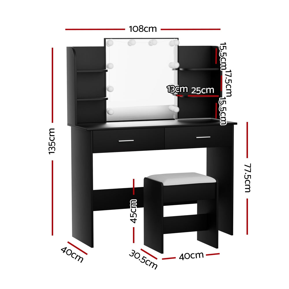 Artiss Dulcea Dressing Table Set with Stool – 10 LED Bulbs, Hollywood Mirror – Black