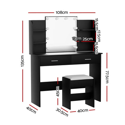 Artiss Dulcea Dressing Table Set with Stool – 10 LED Bulbs, Hollywood Mirror – Black
