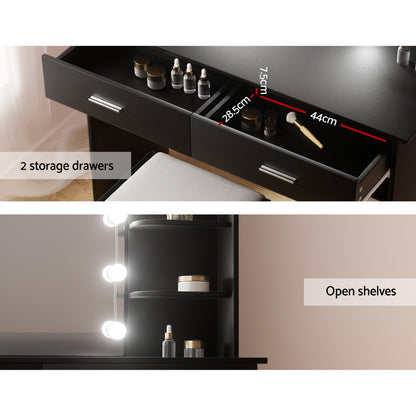 Artiss Dulcea Dressing Table Set with Stool – 10 LED Bulbs, Hollywood Mirror – Black