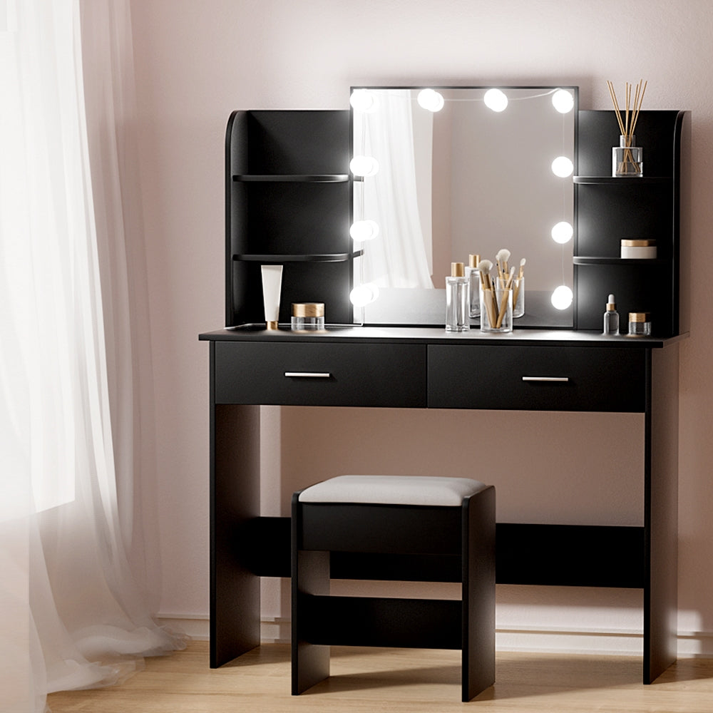 Artiss Dulcea Dressing Table Set with Stool – 10 LED Bulbs, Hollywood Mirror – Black