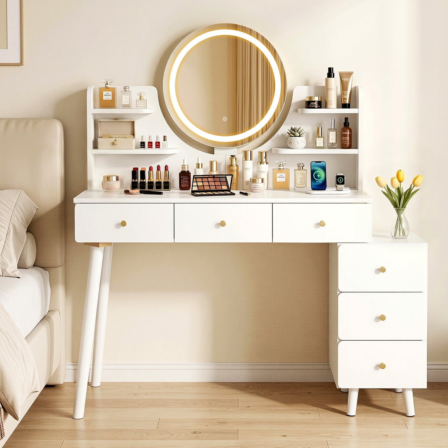 Artiss Dressing Table Vanity Desk – LED Mirror & Charging Station – White