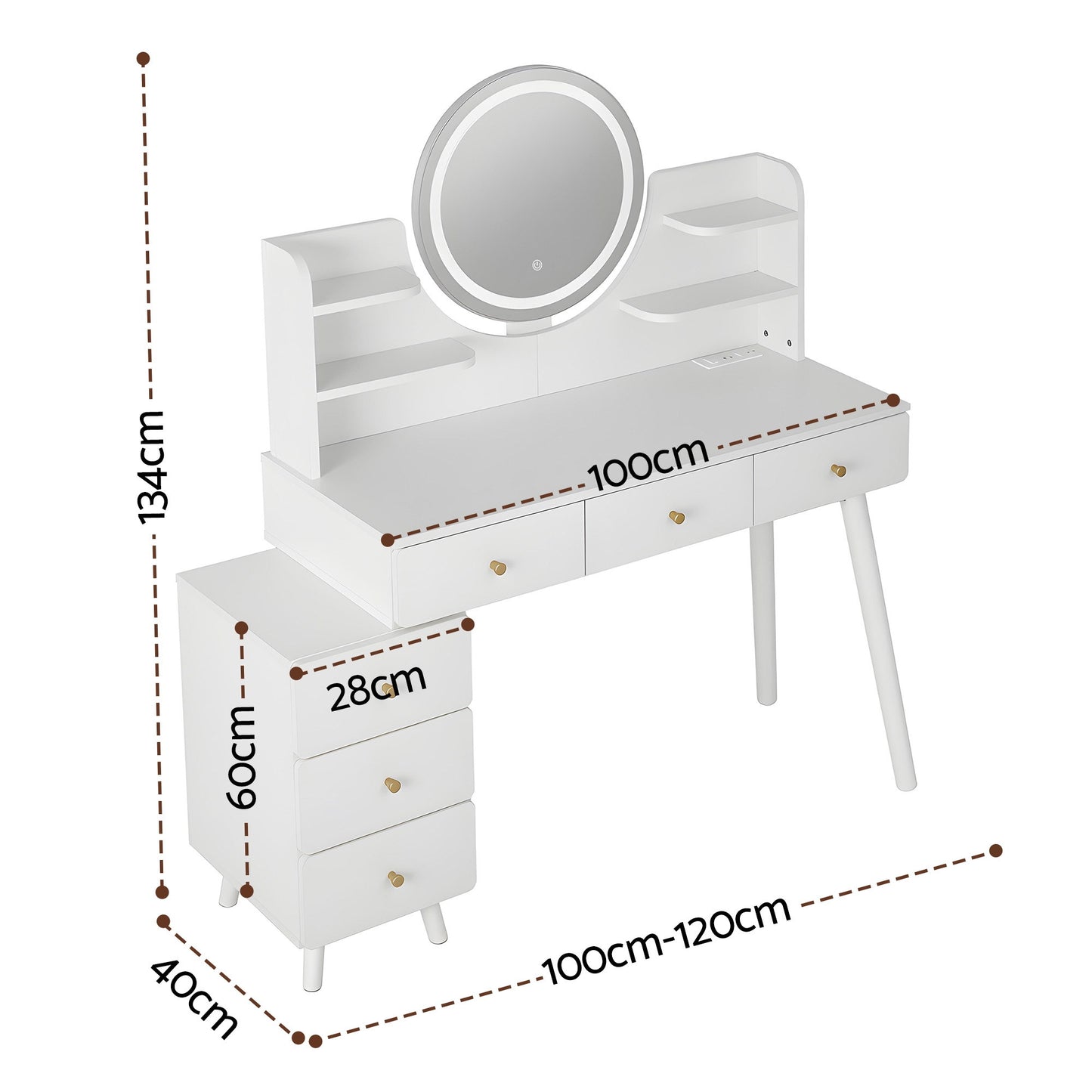 Artiss Dressing Table Vanity Desk – LED Mirror & Charging Station – White